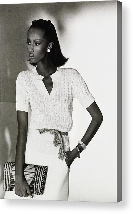 Accessories Acrylic Print featuring the drawing Model Iman In A Pierre Cardin Pullover and Skirt by Kourken Pakchanian
