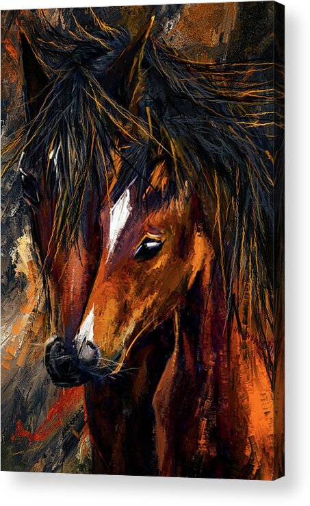 Mare And Foal Acrylic Print featuring the painting Motherly Love - Horse And Foal Art by Lourry Legarde