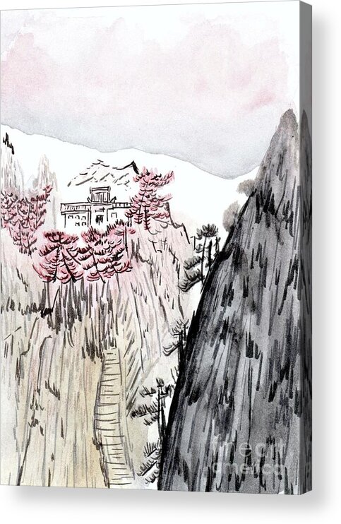 Asian Art Acrylic Print featuring the painting Mountain Asian House Watercolor by Donna Mibus
