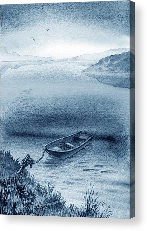 Peaceful Acrylic Print featuring the painting Peaceful Blue Lake Serene Still Water And Boat by Irina Sztukowski