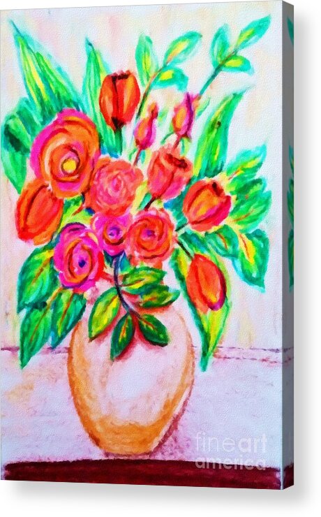 Pink Acrylic Print featuring the digital art Pink and Orange Floral Bouquet Pastel Chalk Digitally Altered by Delynn Addams