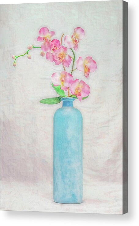Orchids Still Life Acrylic Print featuring the digital art Blue Bottle of Orchids by Kevin Lane