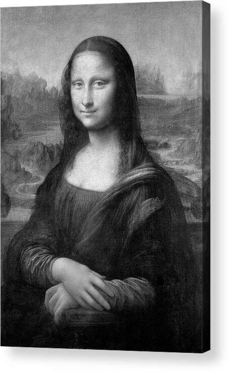 Portrait Of Mona Lisa By Leonardo Da Vinci Acrylic Print featuring the photograph Portrait of Mona Lisa by Leonardo da Vinci BW by Bob Pardue