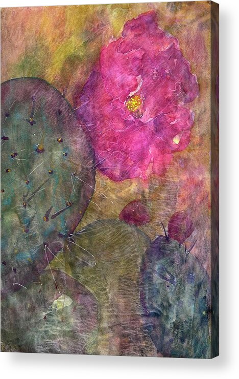 Cactus Acrylic Print featuring the painting Prickly Pear Bloom by Cheryl Prather