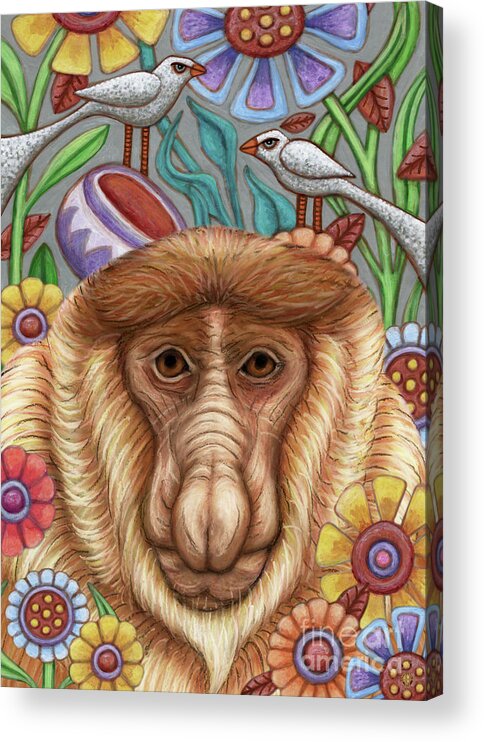 Monkey Acrylic Print featuring the painting Proboscis Monkey Floral by Amy E Fraser