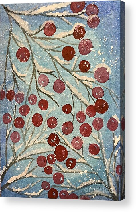 Red Berries Acrylic Print featuring the painting Red Berries in Snow by Lisa Neuman