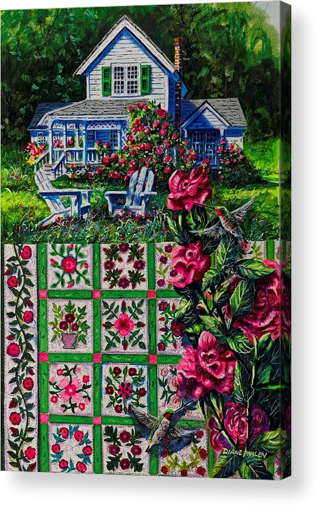 A Patchwork Quilt Of Traditional Rose Patterns In A Rose Garden With Hummingbirds Acrylic Print featuring the painting Rose Garden by Diane Phalen