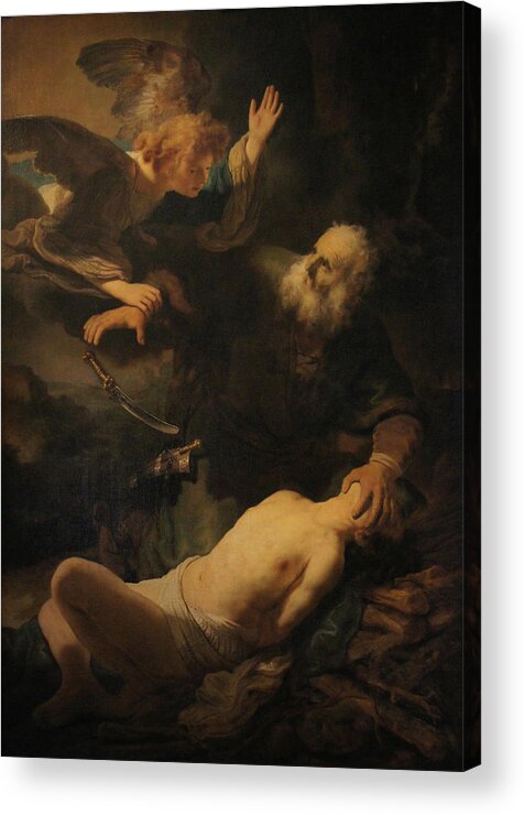 Sacrifice Of Isaac Acrylic Print featuring the painting Sacrifice of Isaac by Rembrandt