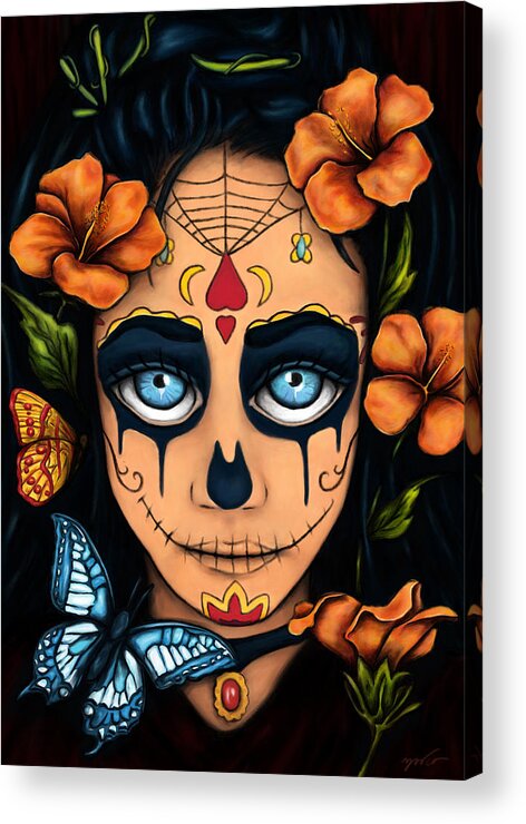 Santa Muerte Acrylic Print featuring the painting Santa muerte with flowers and butterfly portrait, Day of the dead by Nadia CHEVREL