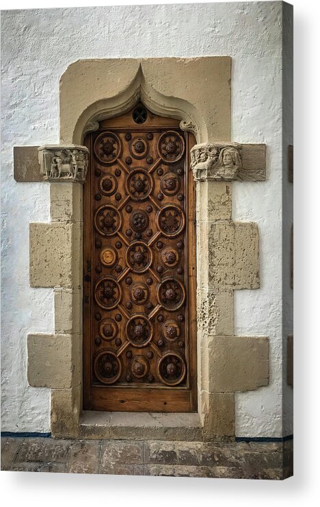 Old Acrylic Print featuring the photograph Sitges Carved Wooden Door by Christine Ley