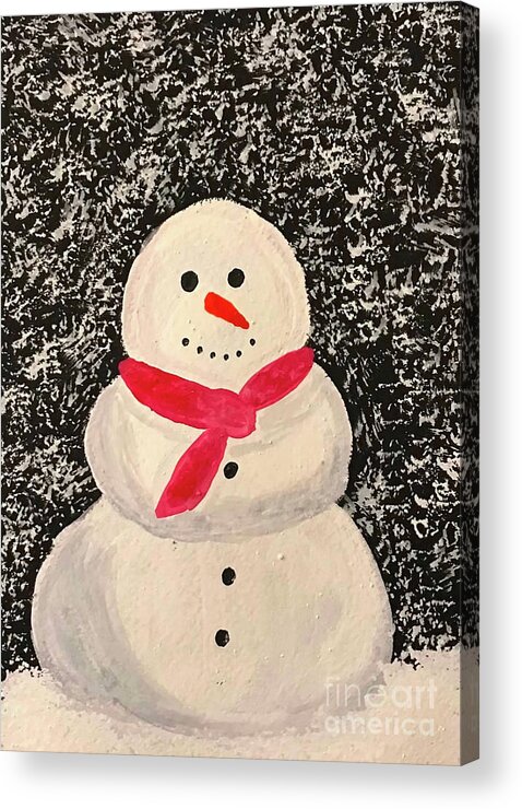 Snowman Acrylic Print featuring the mixed media Snowman with Red Scarf by Lisa Neuman