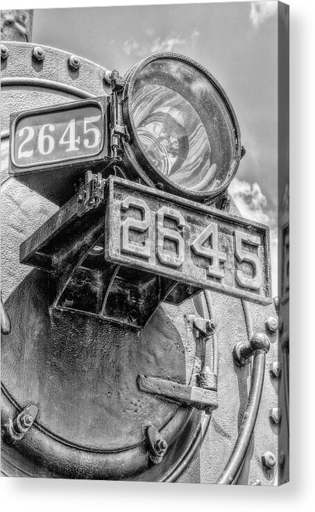 Railroad Acrylic Print featuring the photograph Soo Line Locomotive 2645 Headlight Vertical BW by Dale Kauzlaric