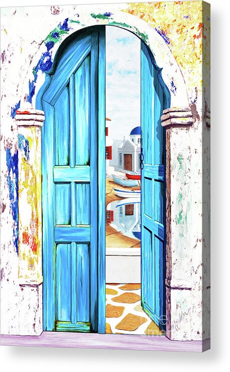 Santorini Acrylic Print featuring the painting SUNDAY, IN MYKONOS BAY-Prints of Oil Paintings by Mary Grden
