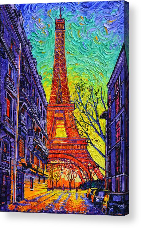 Paris Acrylic Print featuring the painting SUNSET ON RUE DE L' UNIVERSITE PARIS EIFFEL TOWER textural impressionism art Ana Maria Edulescu by Ana Maria Edulescu