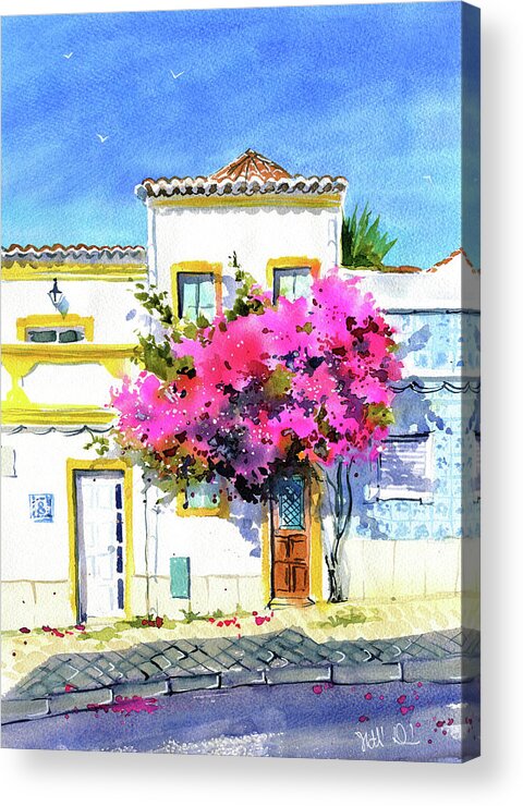 Portugal Acrylic Print featuring the painting Tavira House With Bougainvillea Portugal Painting by Dora Hathazi Mendes