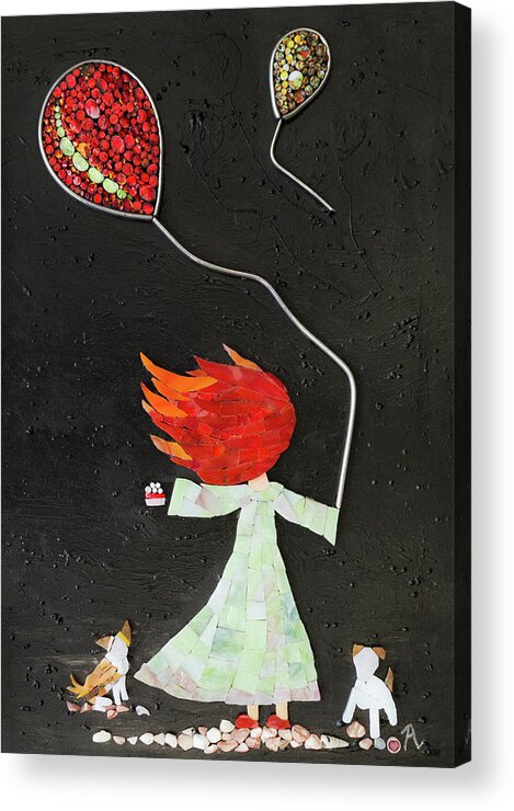 Girl Acrylic Print featuring the glass art The girl with two balloons and two small dogs by Adriana Zoon