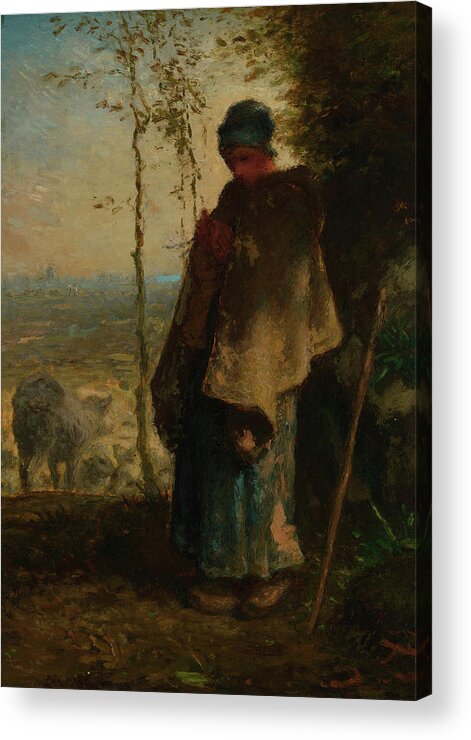 The Little Shepherdess Acrylic Print featuring the painting The Little Shepherdess, 1868-1872 by Jean-Francois Millet