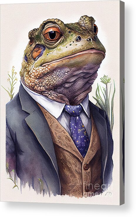 Toad Acrylic Print featuring the painting Toad in Suit Watercolor Hipster Animal Retro Costume by Jeff Creation