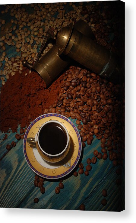 Black Color Acrylic Print featuring the photograph Turkish coffee and girinder with cup by Firatgocmen