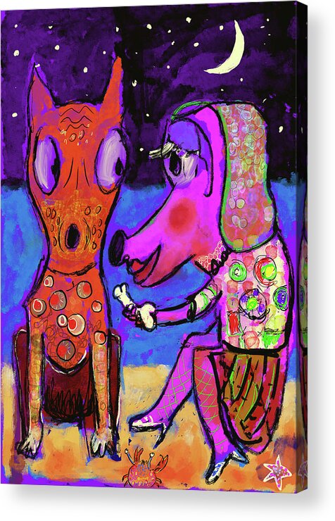 1subject Acrylic Print featuring the digital art Two dogs and a bone at the seaside by Jeremy Holton