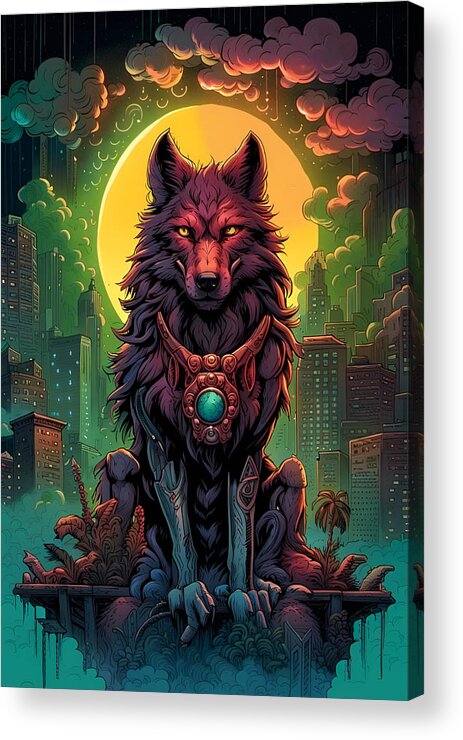 Voodoo Acrylic Print featuring the digital art Voodoo Wolf Under The Full Moon Of The City by Jason Denis