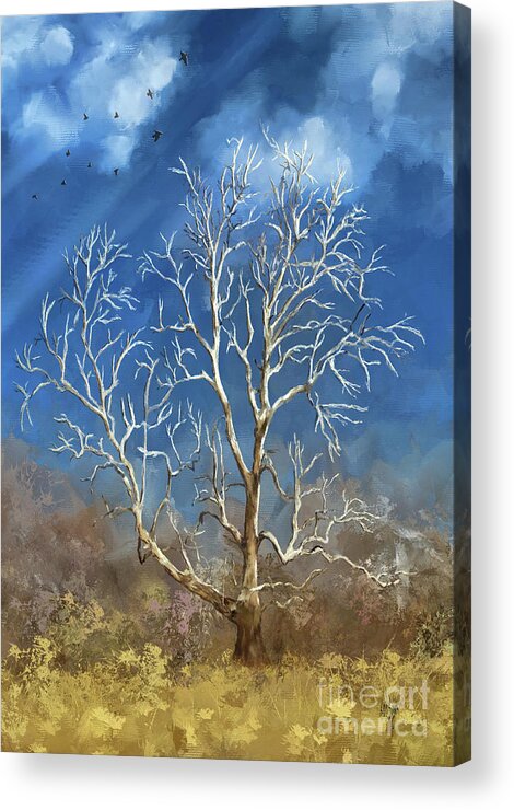 Tree Acrylic Print featuring the digital art White Tree Blue Sky by Lois Bryan