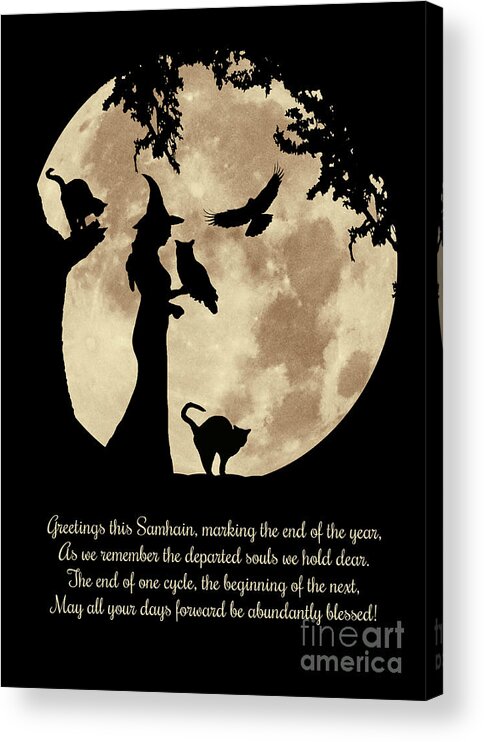 Samhain Acrylic Print featuring the photograph Wicca Pagan Samhain Blessings with Witch, Owl, Raven and Black Cats by Stephanie Laird
