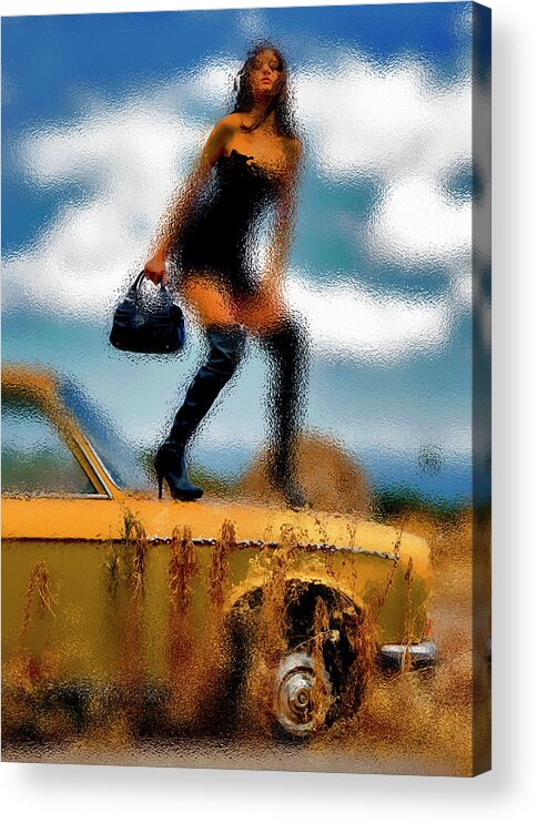 Abandoned Acrylic Print featuring the photograph Woman on abandoned car by Al Fio Bonina