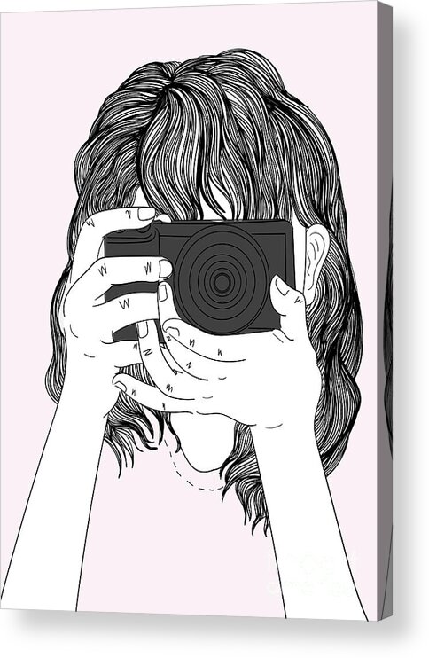 Graphic Acrylic Print featuring the digital art Woman With A Camera - Line Art Graphic Illustration Artwork by Sambel Pedes