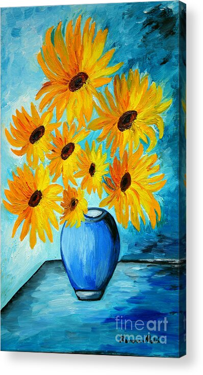 Sunflowers Acrylic Print featuring the painting Beautiful Sunflowers in Blue Vase by Ramona Matei