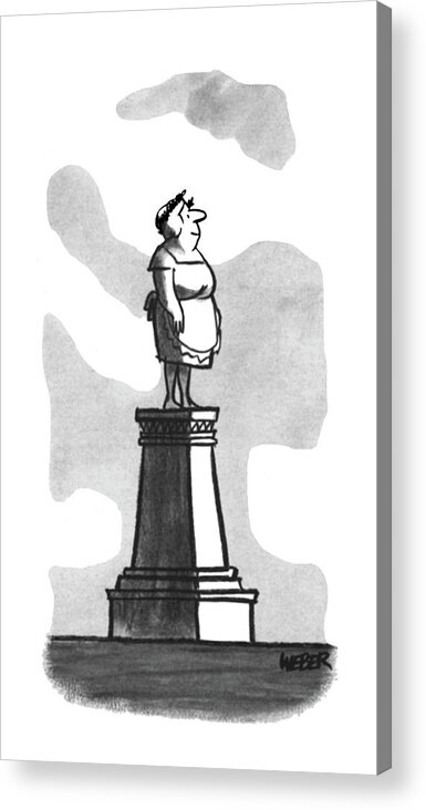 83811 Robert Weber. (mother In Apron Stands On A Pedestal.) Apron Award Day Mom Mother Mother's Mothers Pedestal Ridiculous Sculpture Silly Stands Statue Trophy Wife Woman Acrylic Print featuring the drawing New Yorker April 22nd, 1967 by Robert Weber