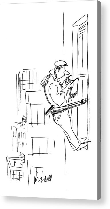 (window Washer Hanging Out Of Window Of Offie Building Cleaning His Glasses.)urban Acrylic Print featuring the drawing New Yorker February 24th, 1975 by Frank Modell