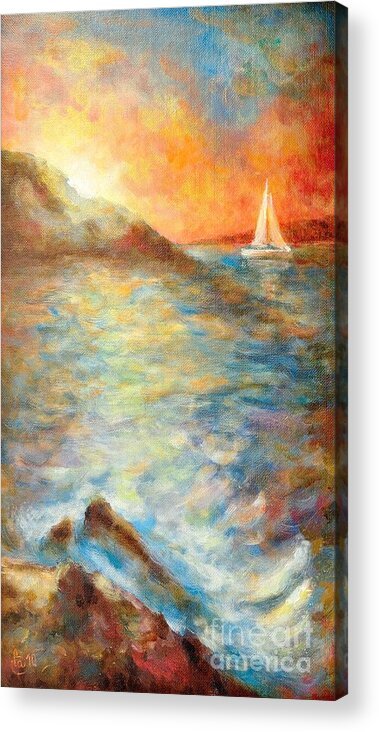 Ocean Acrylic Print featuring the painting Sunset over the sea. by Martin Capek