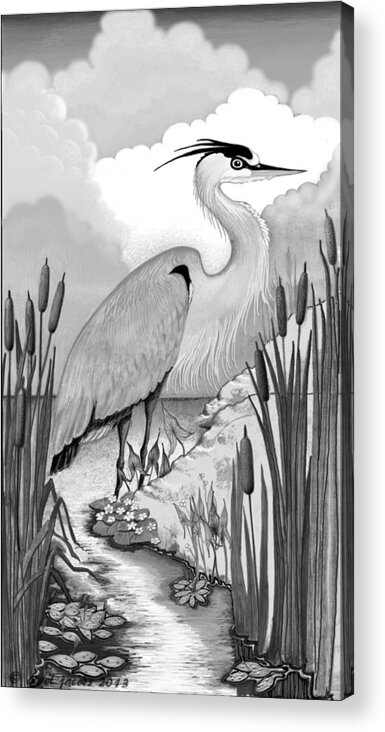 Heron Acrylic Print featuring the digital art The Great Blue in Grey by Carol Jacobs