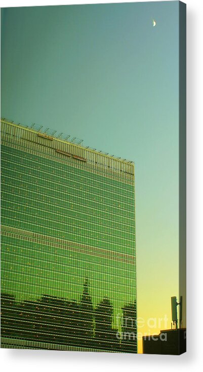 Famous Landmarks Of New York Acrylic Print featuring the photograph United Nations Secretariat Building with Moon at Sunset by Miriam Danar