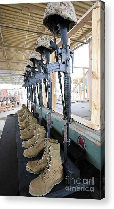 Bayonet Acrylic Print featuring the photograph Boots, Rifles, Dog Tags, And Protective by Stocktrek Images