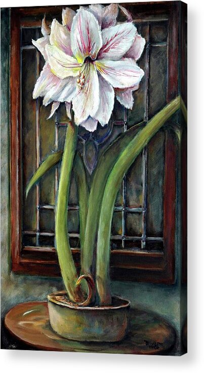 Amaryllis Window Stain Glass White Magenta Green Vase Acrylic Print featuring the painting Amaryllis In The Window by Bernadette Krupa