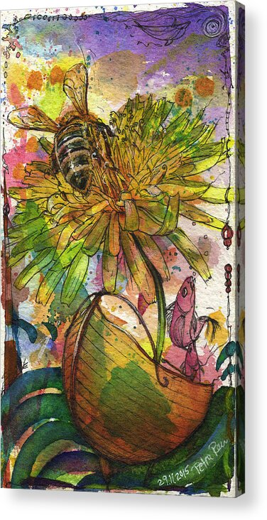 Bees Acrylic Print featuring the painting Bee and Dandelion-Sailing by Petra Rau