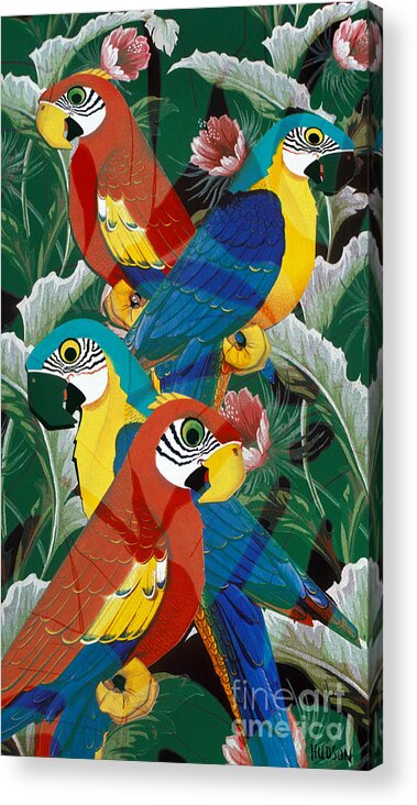 Parrot Acrylic Print featuring the painting parrot art prints - Introverted Parrots by Sharon Hudson