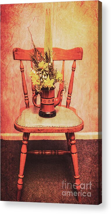 Flower Acrylic Print featuring the photograph Decorated flower bunch on old wooden chair by Jorgo Photography