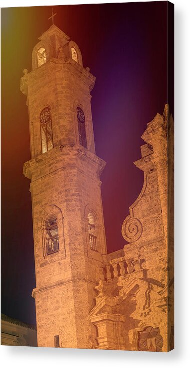 Joan Carroll Acrylic Print featuring the photograph Havana Cathedral Tower Night by Joan Carroll