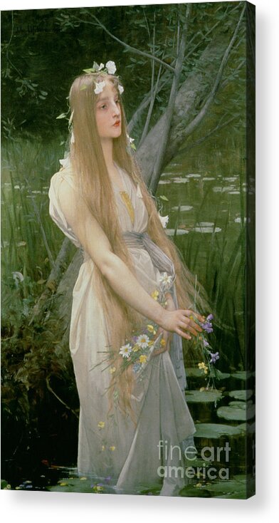 Female; Standing; Flowers; Gathering; Hair; Hamlet; Drowning; Suicide Acrylic Print featuring the painting Ophelia by Jules Joseph Lefebvre