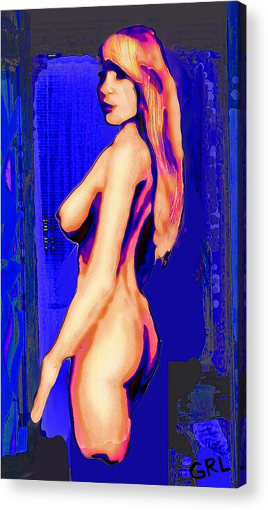 Multimedia Acrylic Print featuring the painting Original Fine Art Nude Jess Standing Oil Acrylic Sketch Colorized by G Linsenmayer