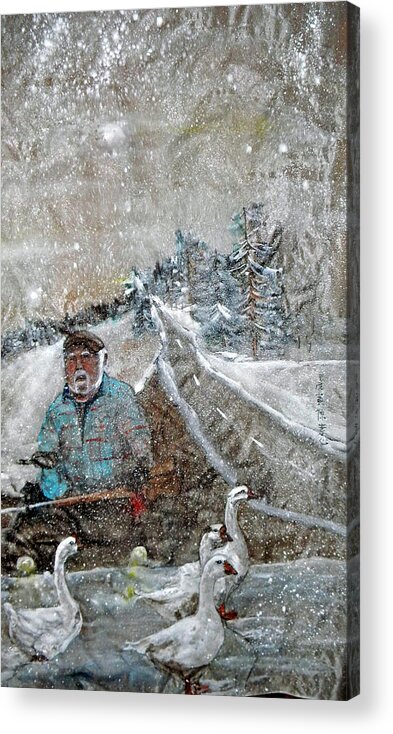 Landscape. Idaho. Figure. Transportation.birds. Geese. Winter Acrylic Print featuring the painting Ron In A Rut by Debbi Saccomanno Chan