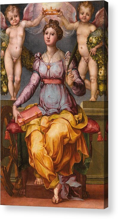 Raffaellino Del Colle Acrylic Print featuring the painting Saint Catherine of Alexandria crowned by two angels by Raffaellino del Colle