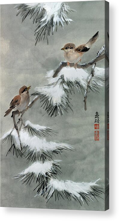 Snow Pine Acrylic Print featuring the painting Sparrows on Snowy Pine by Charlene Fuhrman-Schulz