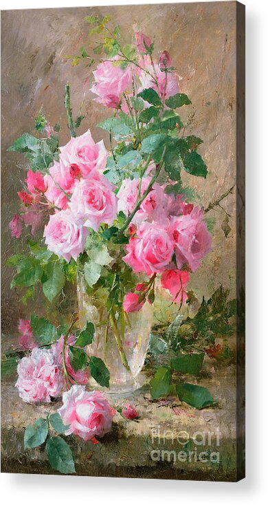 Still Acrylic Print featuring the painting Still life of roses in a glass vase by Frans Mortelmans