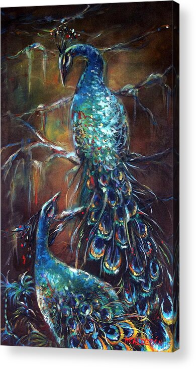 Peacocks Acrylic Print featuring the painting Two Peacocks by Heather Calderon