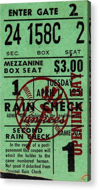 Vector Acrylic Print featuring the painting 1951 Mickey Mantle Major League Debut Ticket Stub by Celestial Images