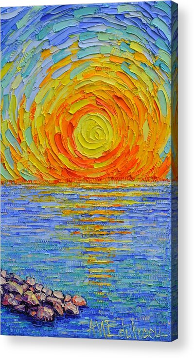 Sun Acrylic Print featuring the painting ABSTRACT SEA SUNRISE REFLECTIONS modern impressionist impasto knife oil painting Ana Maria Edulescu by Ana Maria Edulescu